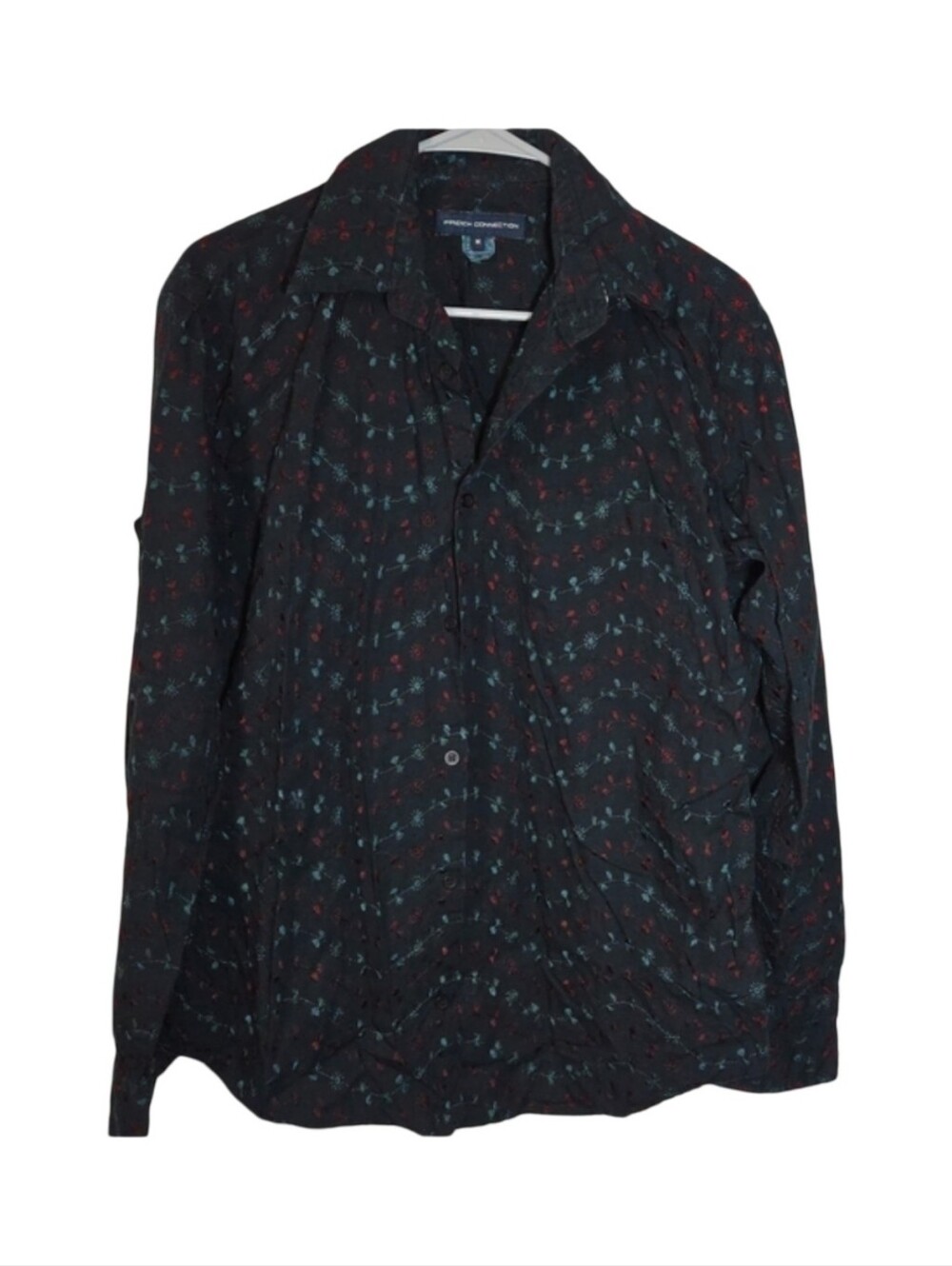 French Connection Blk Floral Embroidered  Shirt Button Down, Festival, Size M